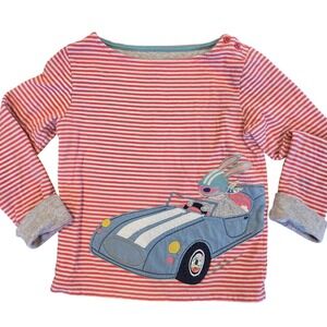 Mini Boden Kids Pink Striped Bunny Car Applique Long Sleeve T-Shirt 4-5Y 110cm